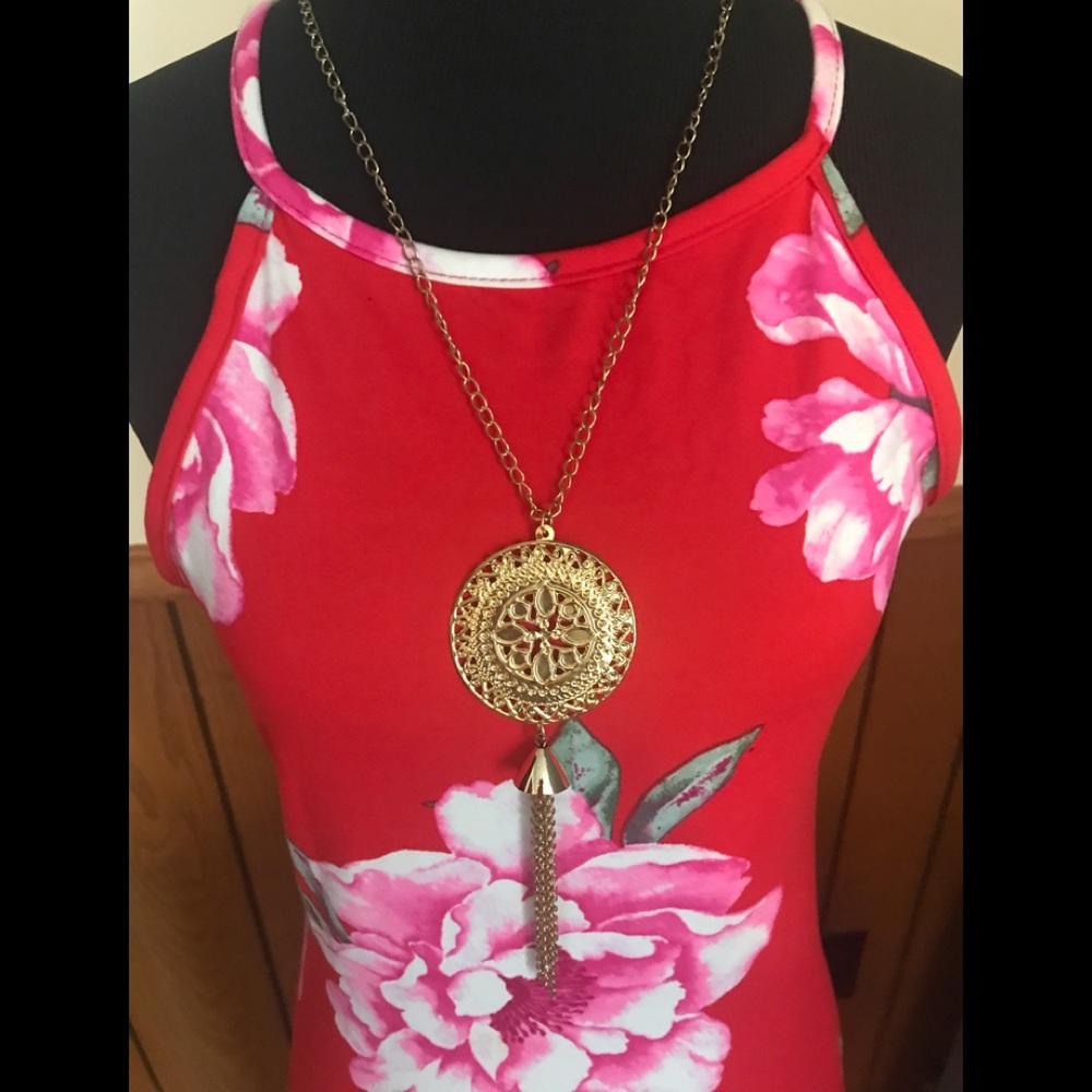 B Famous Floral MIDI Bodycon Dress with Necklace Large